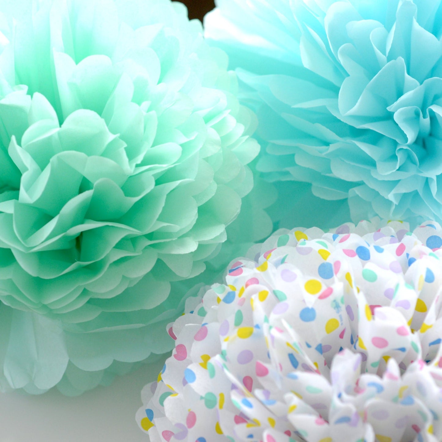 Paper pom pom party decorations set 15 pcs Polka dot light blue and mint green mixed sizes birthday party paper flowers wedding decor