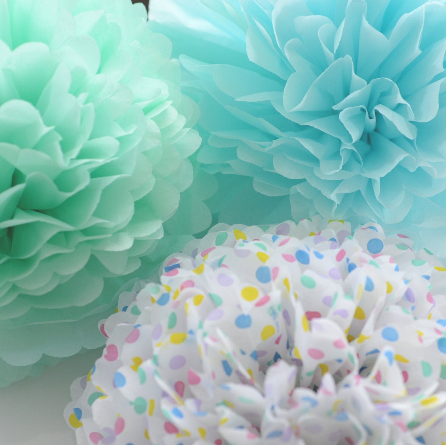 Paper pom pom party decorations set 15 pcs Polka dot light blue and mint green mixed sizes birthday party paper flowers wedding decor