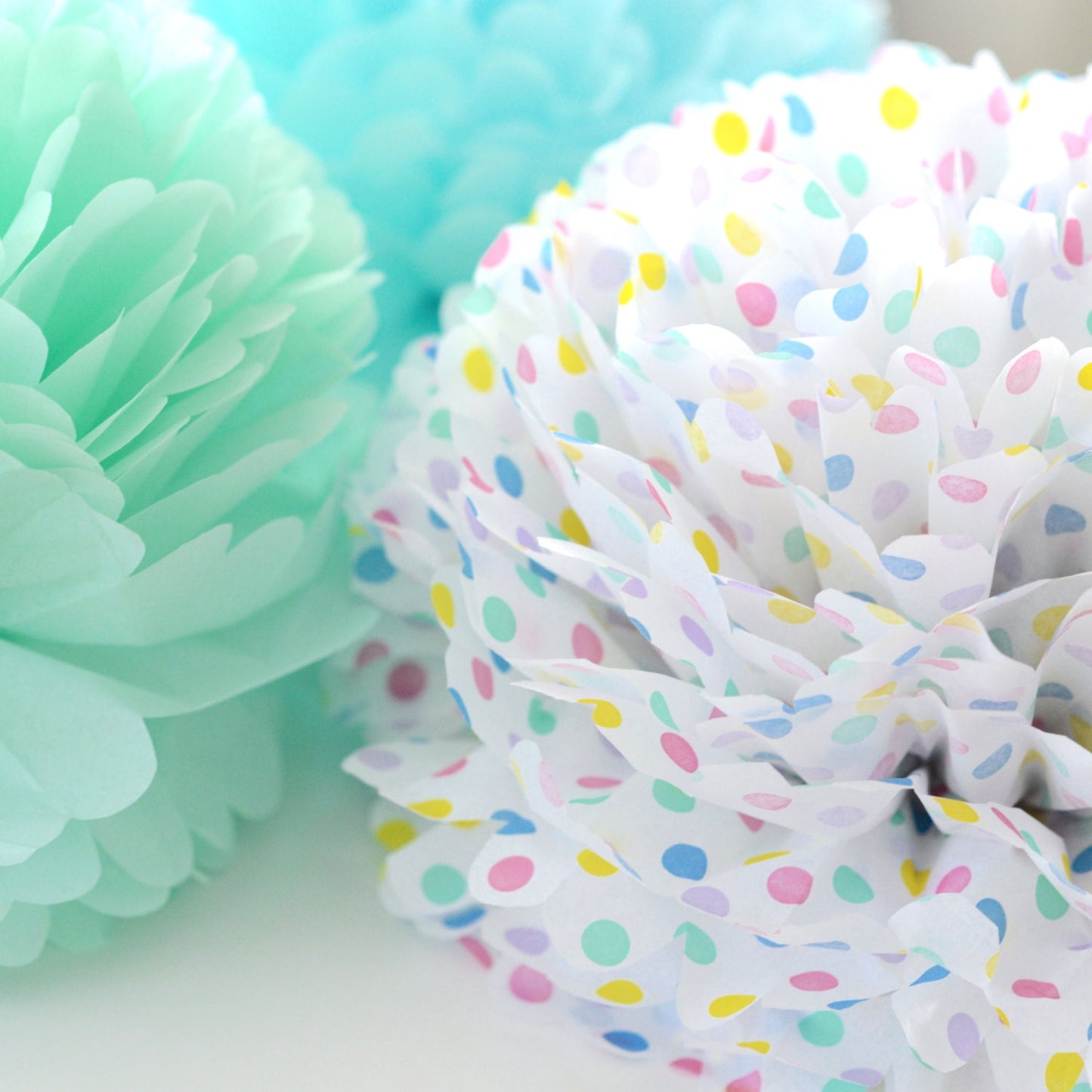 Paper pom pom party decorations set 15 pcs Polka dot light blue and mint green mixed sizes birthday party paper flowers wedding decor