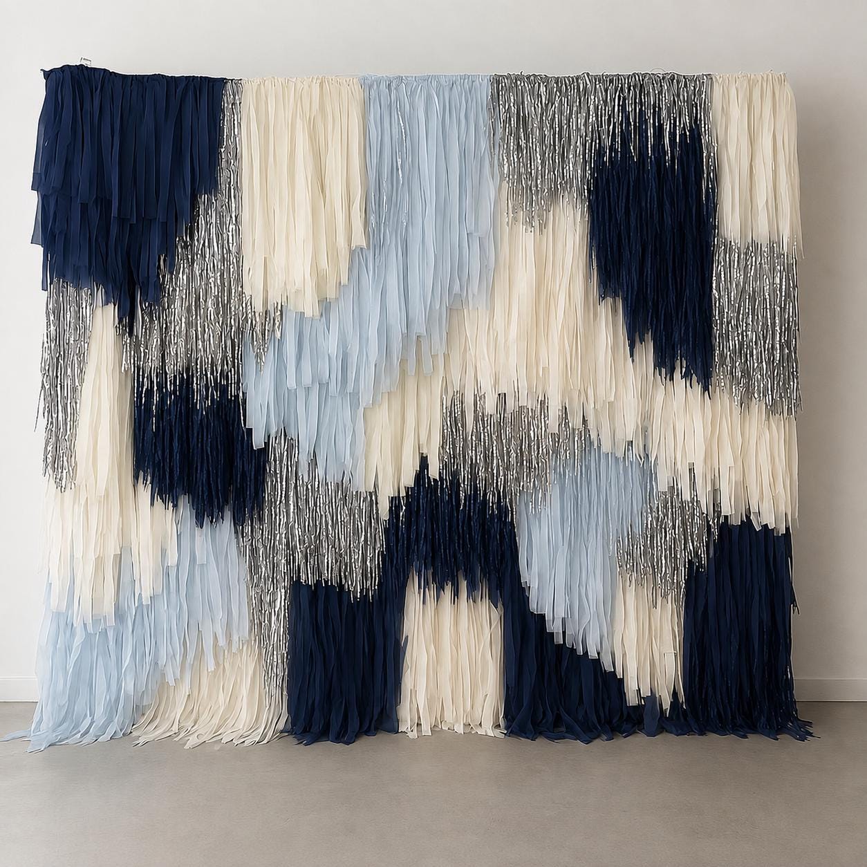 Blue, White and Silver Fringe Backdrop: Handmade Party Photo Wall