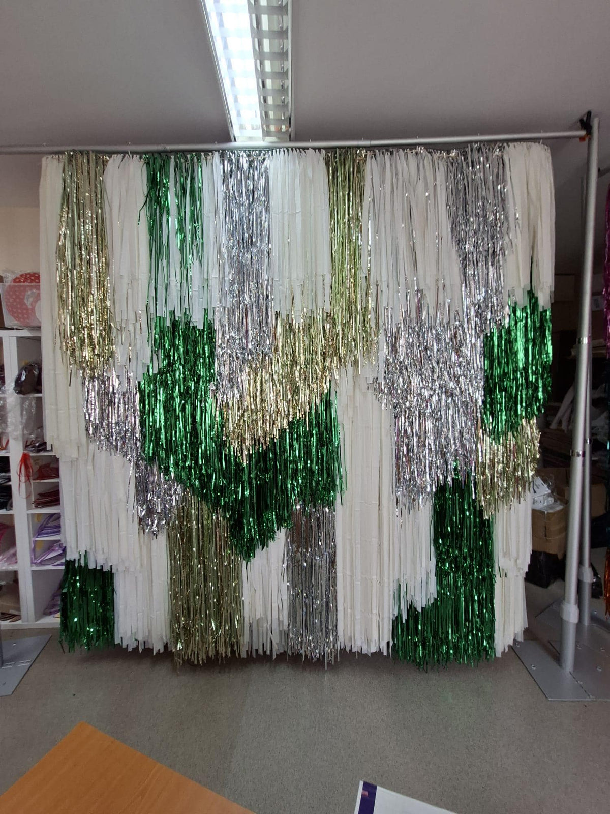 Handmade White Green Silver Fringe Backdrop, Shimmer Tinsel Photo Booth Curtain, Christmas Party Decor