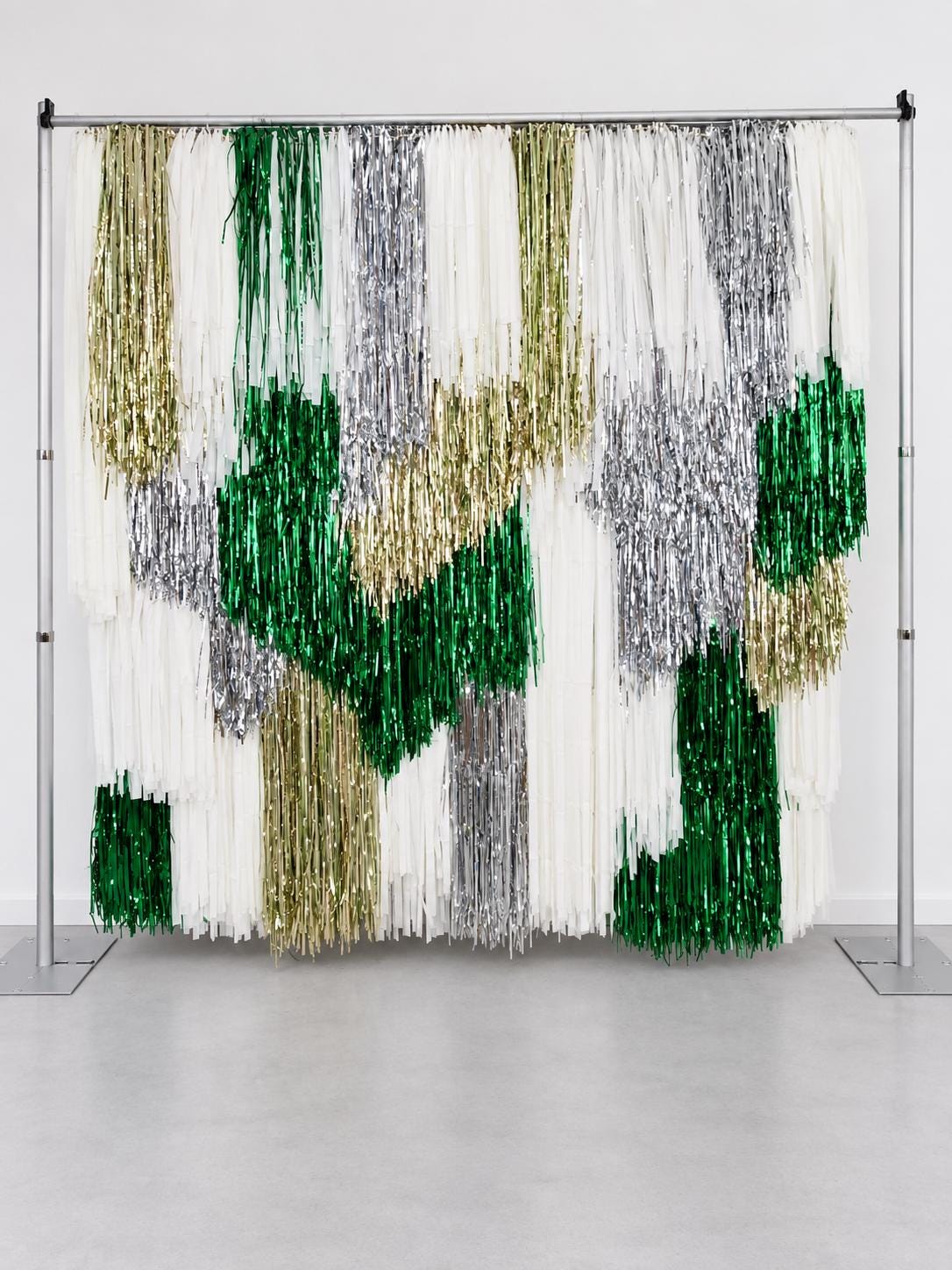 Handmade White Green Silver Fringe Backdrop, Shimmer Tinsel Photo Booth Curtain, Christmas Party Decor