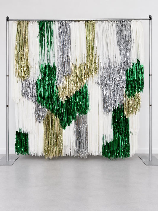 Handmade White Green Silver Fringe Backdrop, Shimmer Tinsel Photo Booth Curtain, Christmas Party Decor