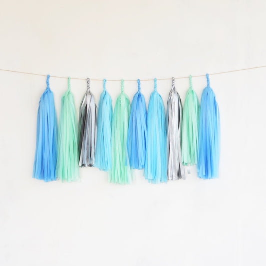 Blue, Mint & Silver Tassel Garland: Party Banner Decoration
