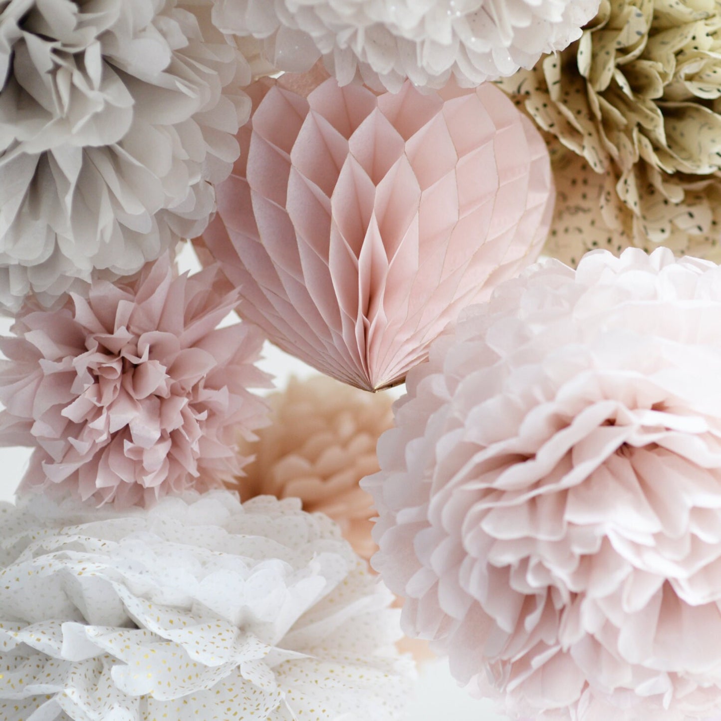 Blush pink and champagne paper Pom Pom party decoration set 32 psc mixed sizes customisable Wedding Bridal Shower Birthday party Decor