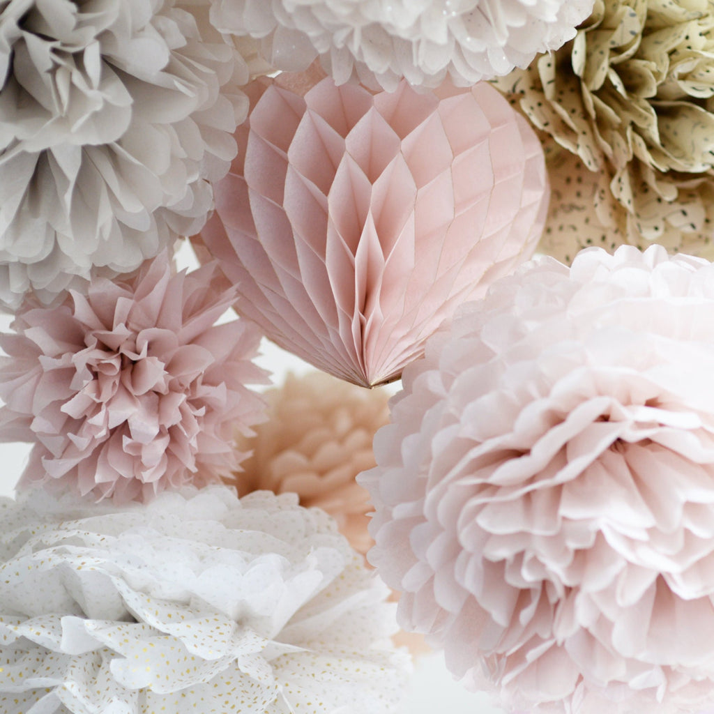 Blush pink Paper pom pom party decorations set of 12 and paper Honeycomb heart dusty pink and champagne Wedding bridal shower birthday decor