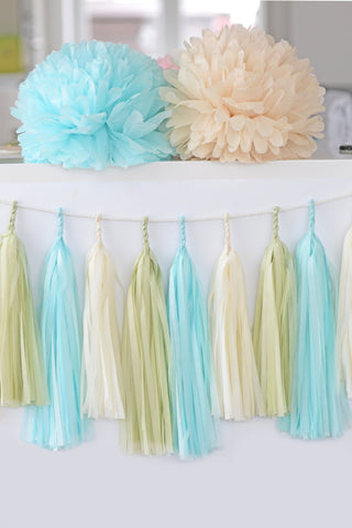 Baby Boy shower Pastel paper tassel garland | blue and green Tissue paper banner | 1st boy birthday garland -  Balloon Tails