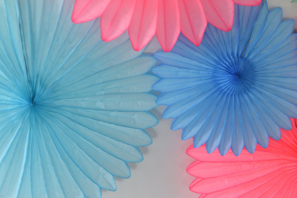 Bright colour Paper fan party decoration set - pink, blue and mint - backdrop - with tassel garland - optional - Decopompoms
