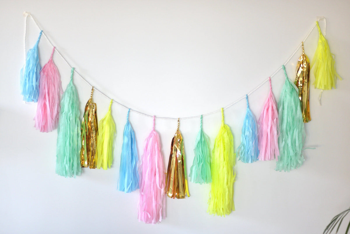 Bright colour Paper fan party decoration set - pink, blue and mint - backdrop - with tassel garland - optional - Decopompoms