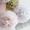 Dusty blush, champagne pom poms and honeycomb heart party set - Decopompoms