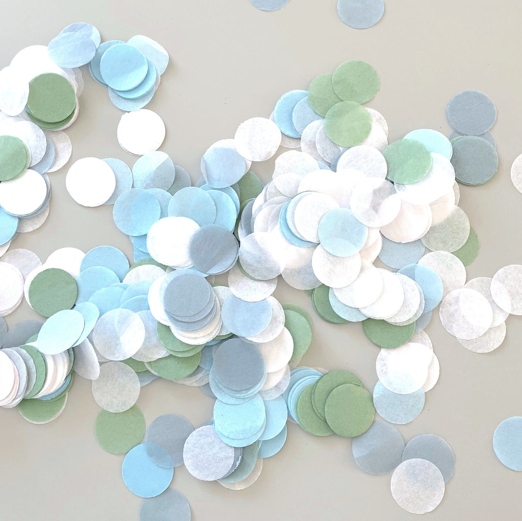 confetti Biodegradable wedding confetti handmade - dusty  blue, green and grey -15g Tissue Paper circles decopompoms