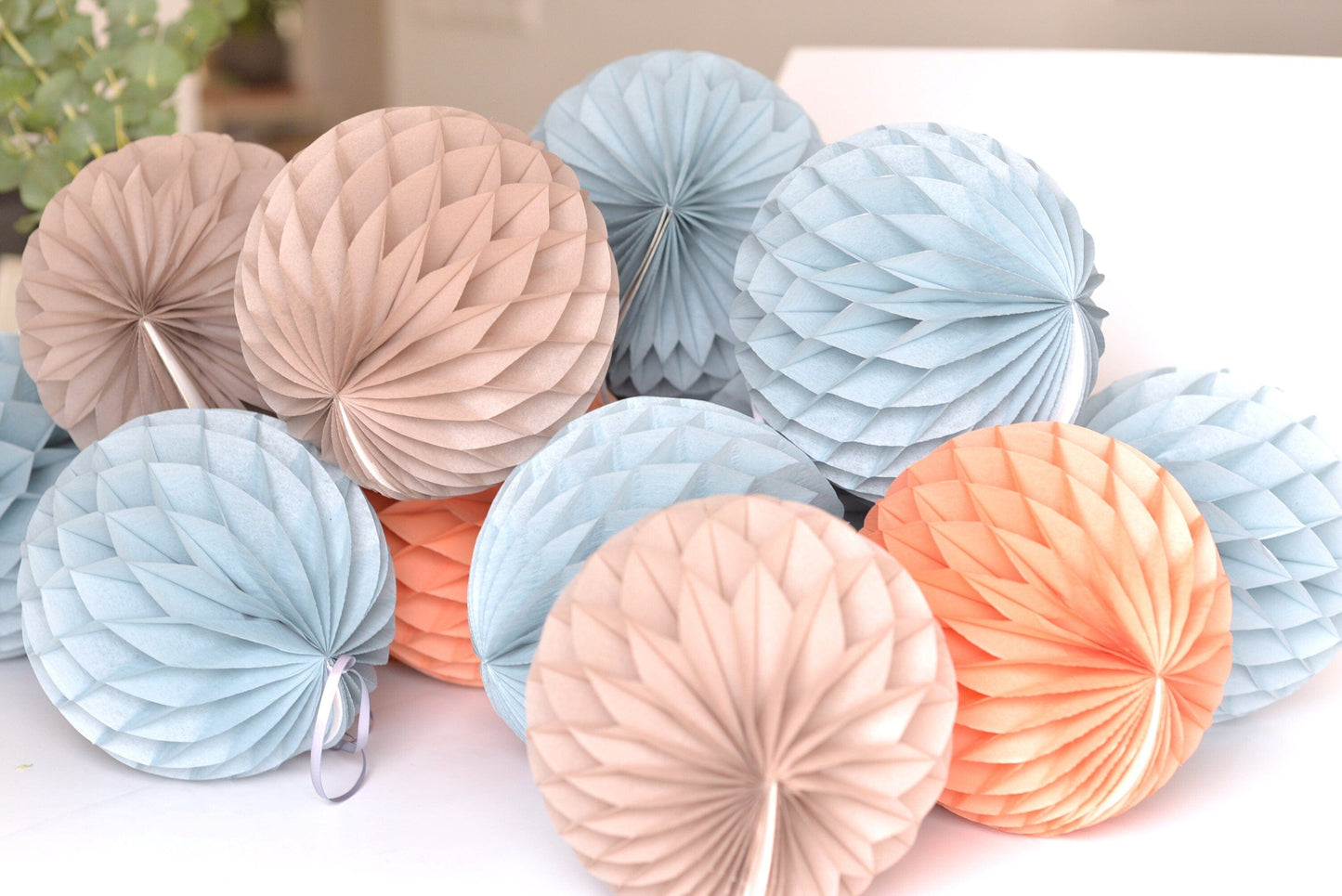 Dusty blue, terracotta and taupe honeycomb ball | Tissue paper pompoms | Boy baby shower decor | Honeycomb garland - Decopompoms