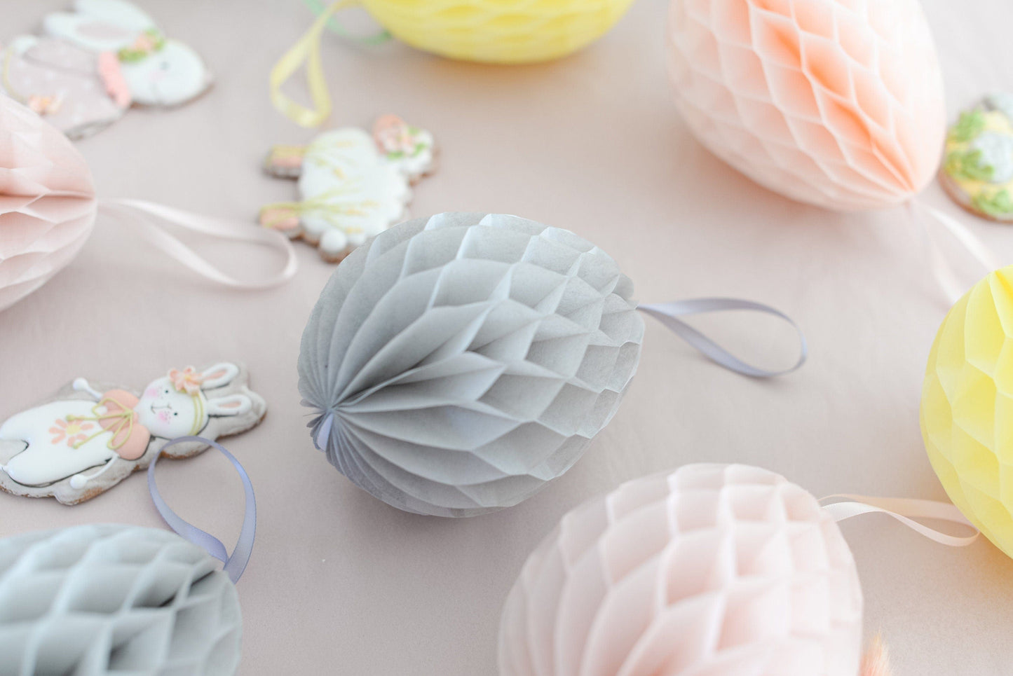 Easter decorations, Easter eggs decorations | Paper Easter eggs | pastel colours - dusty pink, yellow and grey - Decopompoms