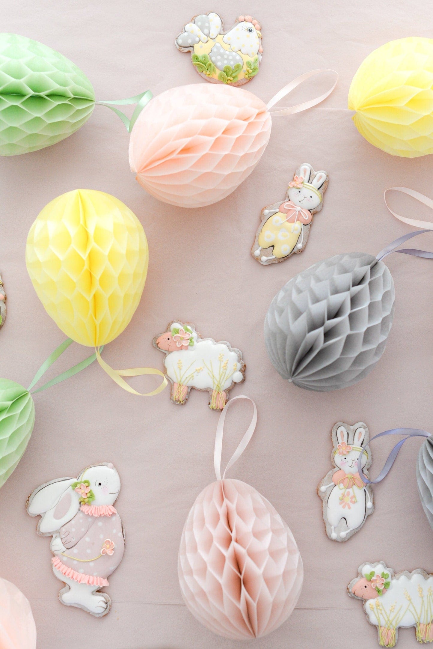 Easter decorations, Easter eggs decorations | Paper Easter eggs | pastel colours - dusty pink, yellow and grey - Decopompoms