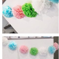 Custom color mini size pom pom garland on satin ribbon - Decopompoms