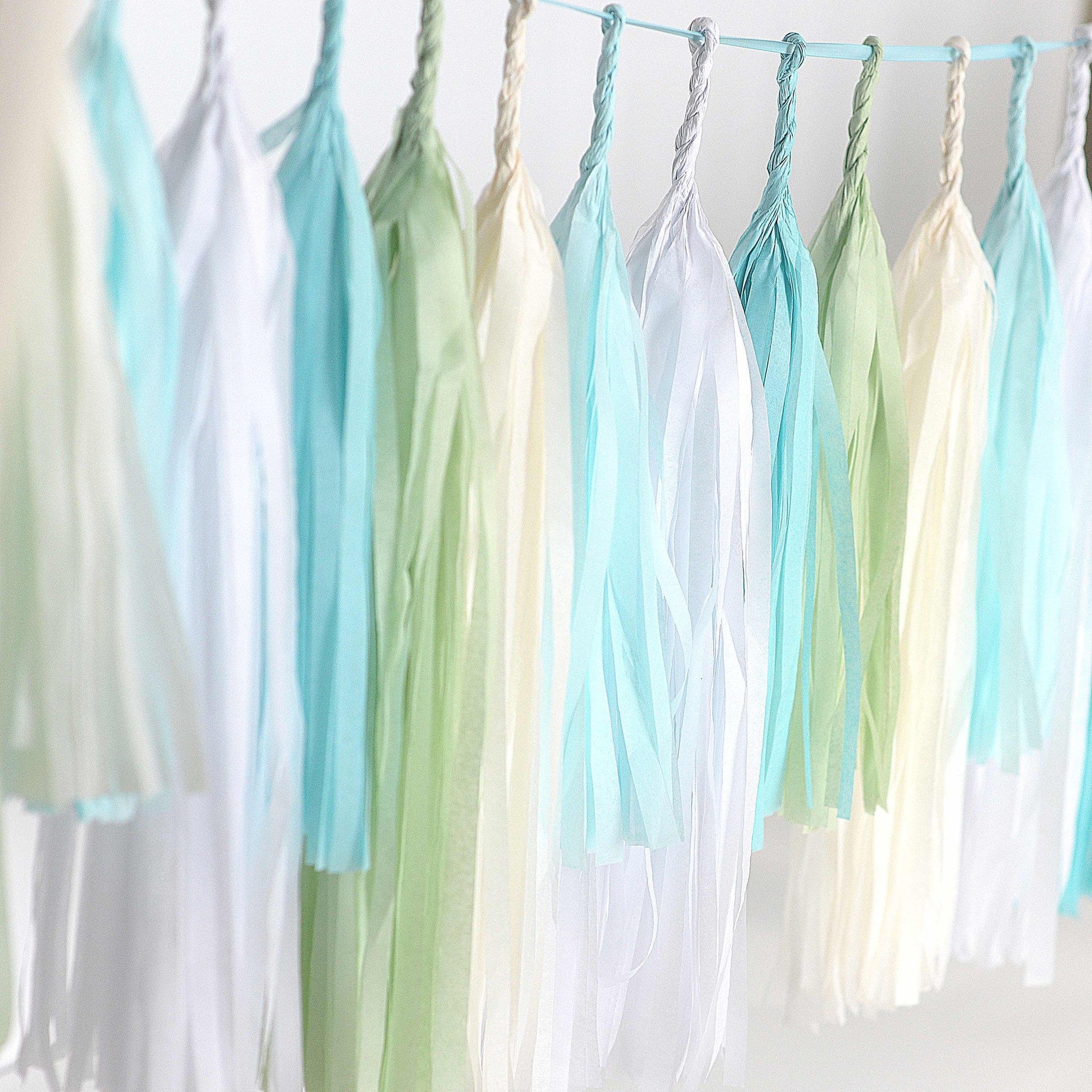 Pastel - light blue and green tassel garland - various lengths - Decopompoms