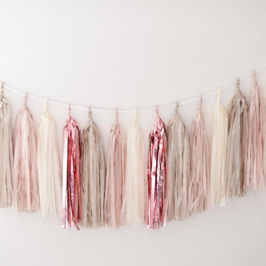 Pink and champagne Tissue paper tassel garland - Decopompoms
