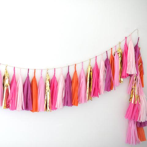 Pink, orange & gold tissue paper tassel garland - various lengths - Decopompoms