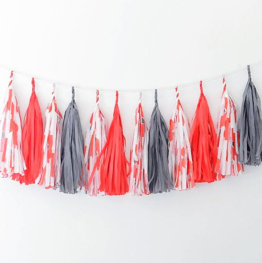 Poppy flower and grey paper Tassel Garland - various lengths - Decopompoms