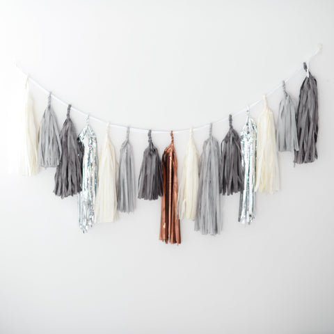 Silver, grey and bronze Tissue paper tassel garland - Decopompoms