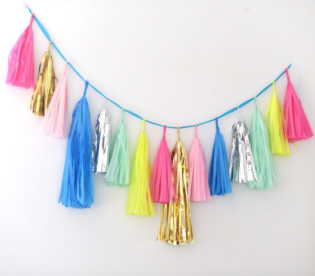 Tissue Paper Tassel Garland - fully assembled bright fiesta, limon, mint, pink silver and gold - various lengths - Decopompoms