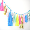 Tissue Paper Tassel Garland - fully assembled bright fiesta, limon, mint, pink silver and gold - various lengths - Decopompoms