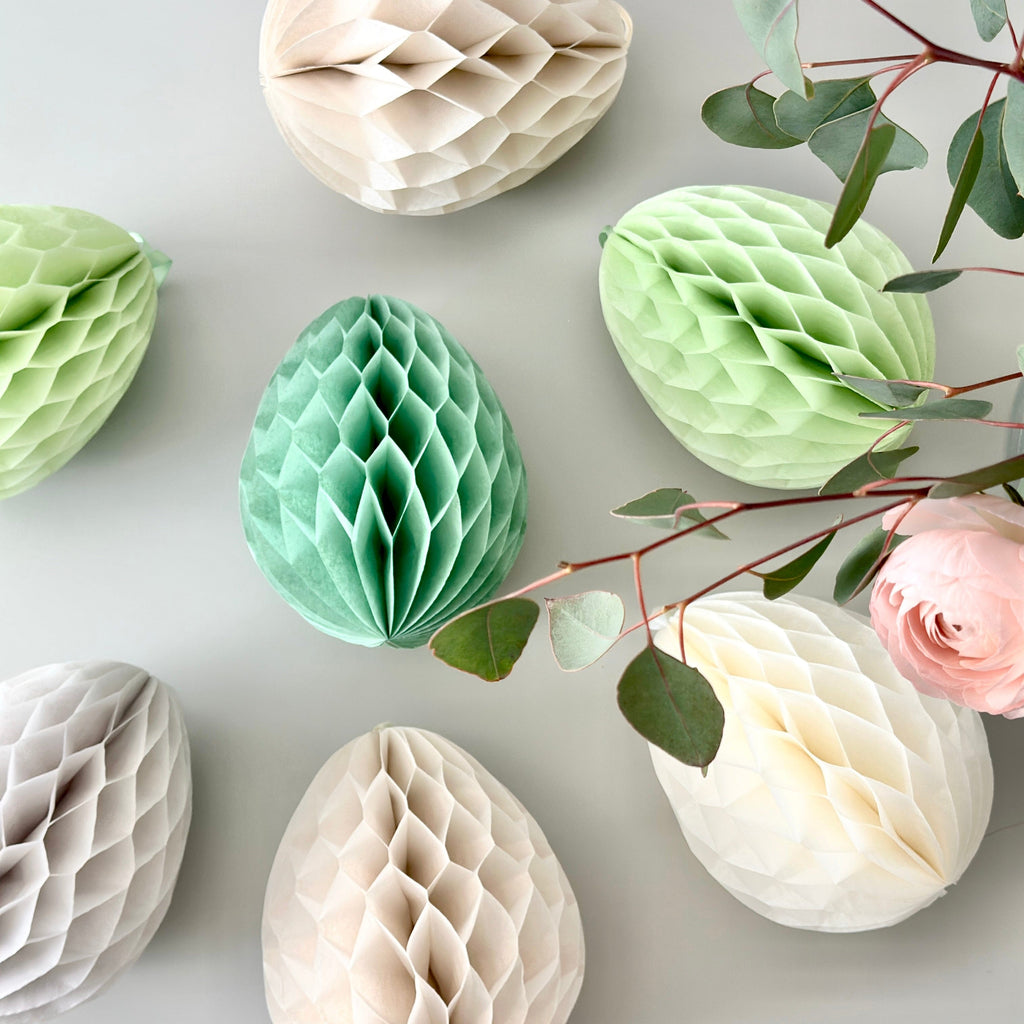 Paper Easter egg decoration | Muted pastel colour Honeycomb paper eggs | Tissue paper eggs | Decopompoms
