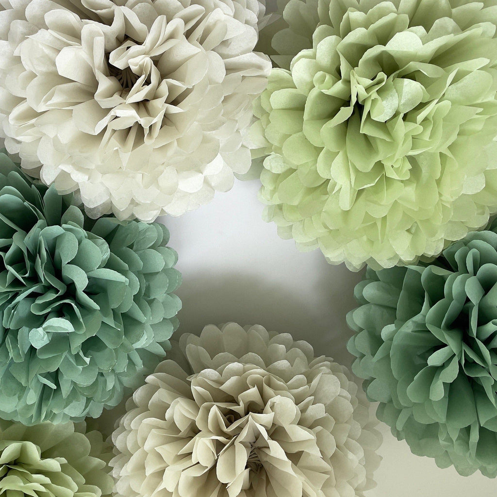 Pom Pom Set of 16 Sage Green Tissue Paper Pom Poms Dusty Green Paper  Flowers Wedding Decor Cream and Green Party Decor 