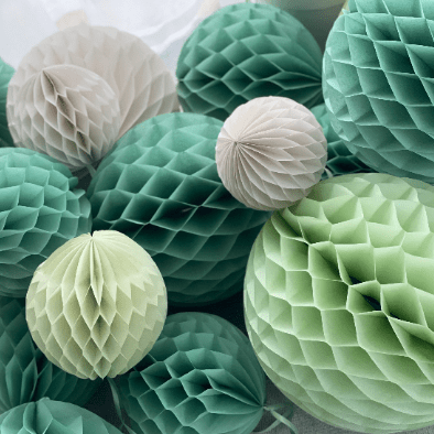 Sage green, celery, light green and almond milk honeycomb balls set - Decopompoms